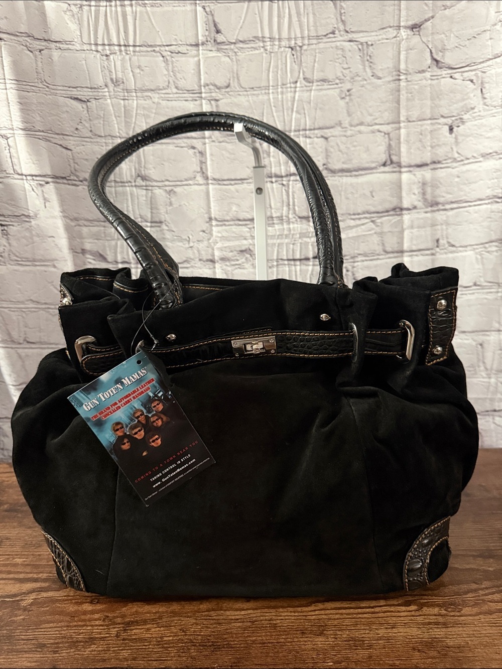 Black Suede Tote with Leather Trim and Stud Details